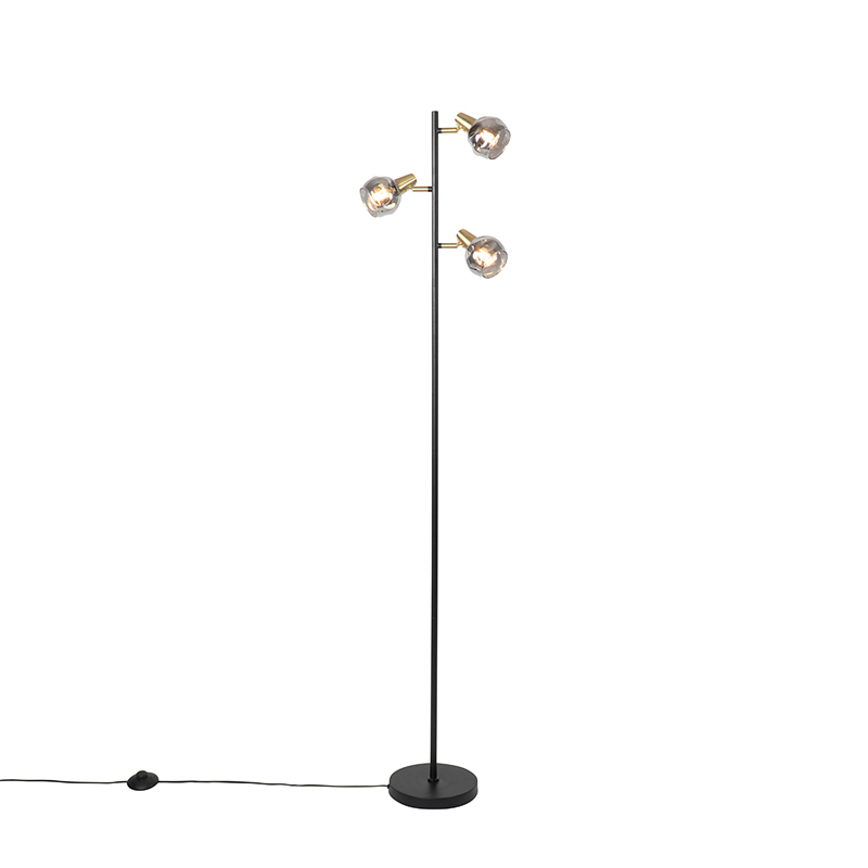 Art deco állólámpa fekete és arany füstüveggel, 3 lámpával - Vidro