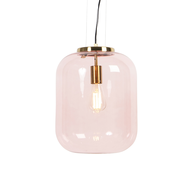 Art Deco függesztett lámpa sárgaréz rózsaszín üveggel - Bliss