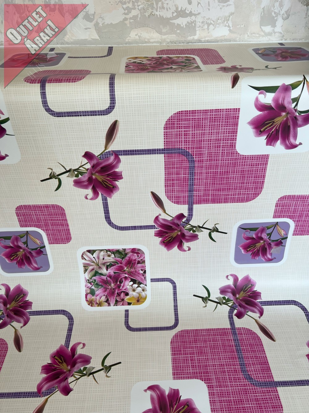  Dorsia új kész Viaszos asztalterítő bézs krém lila orchidea 200x140cm