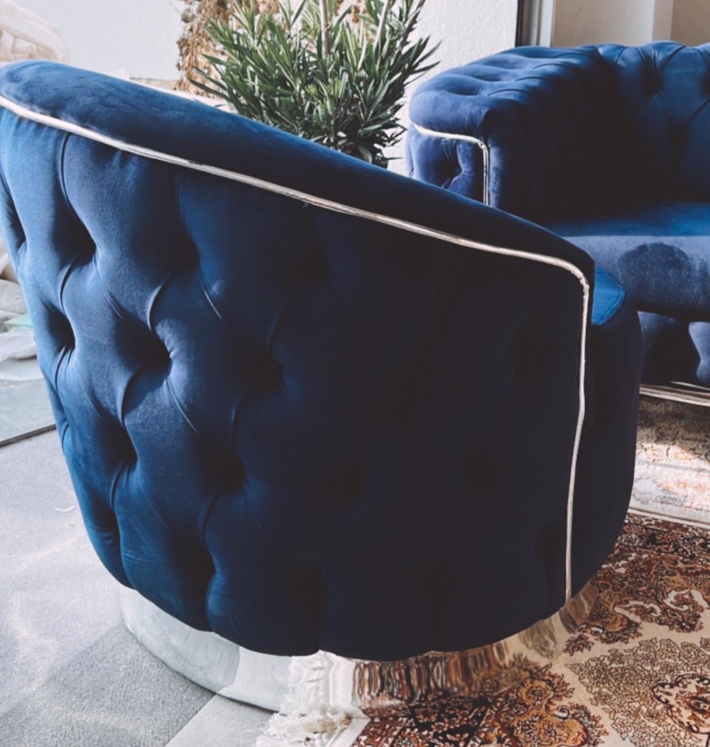 Elegance Chesterfield (Blue) exkluzív bársony fotel - Kék-Ezüst