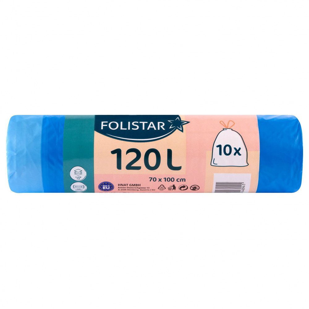 Folistar szemeteszsák 70x100cm, 120 literes HDPE 21 mikron kék, szalagos, 10 darab/tekercs
