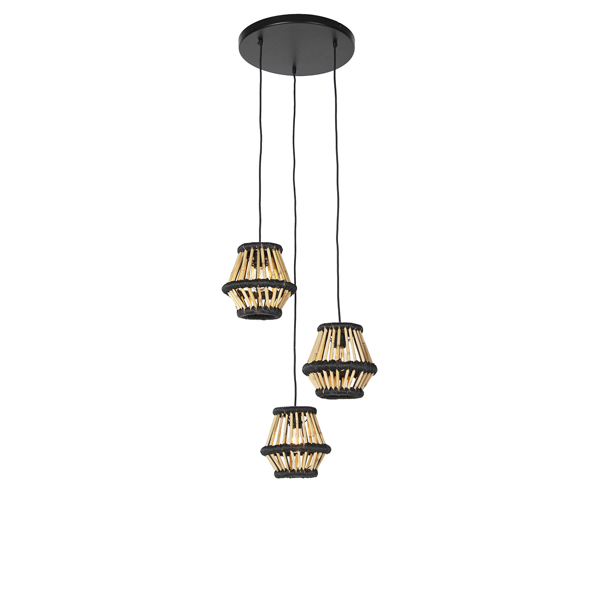 Keleti függő lámpa bambusz fekete kerek 3 fényű - Evalin