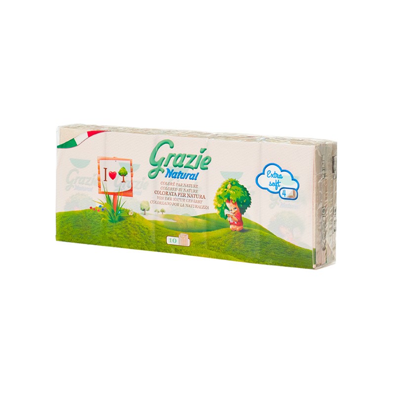 Lucart GRAZIE NATURAL Papírzsebkendő 4 rétegű 10x9 szál/csomag, 24 csomag/karton, 48 karton/raklap