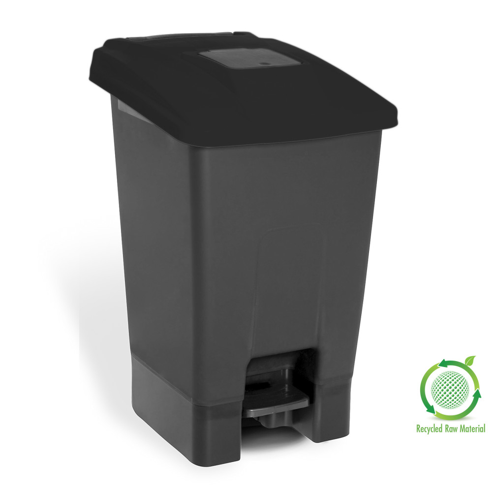 Szelektív hulladékgyűjtő konténer, műanyag, pedálos, fekete/fekete, 100L