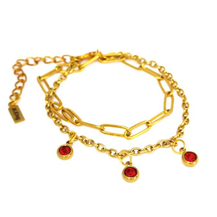 3 Piros kristályos charmos rozsdamentes acél dupla karkötő, arany színű