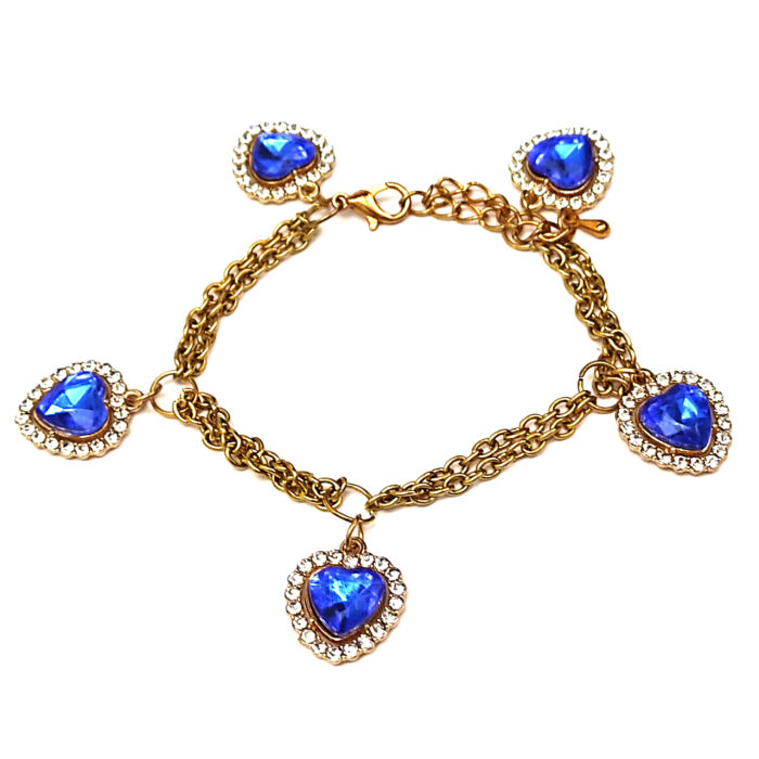 5 kék kristály szív charmos dupla karkötő, arany színű
