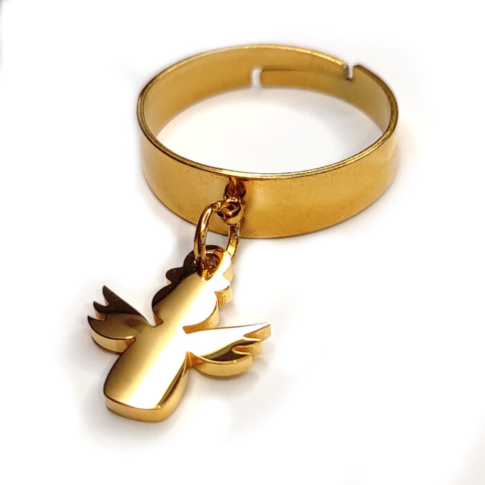 Angyal charmos állítható méretű gyűrű, arany színű, választható szélességben