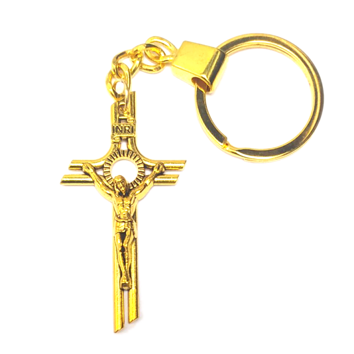Antik nagy kereszt Jézus kulcstartó, aranybronz színben