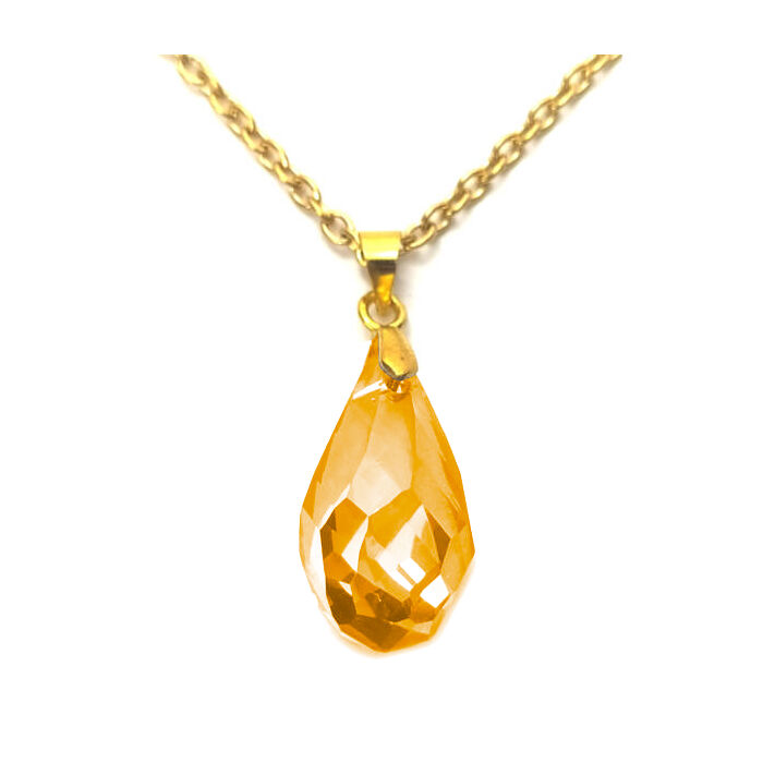 Aranysárga kristály csepp medál, választható arany vagy ezüst színű acél lánccal vagy bőr lánccal