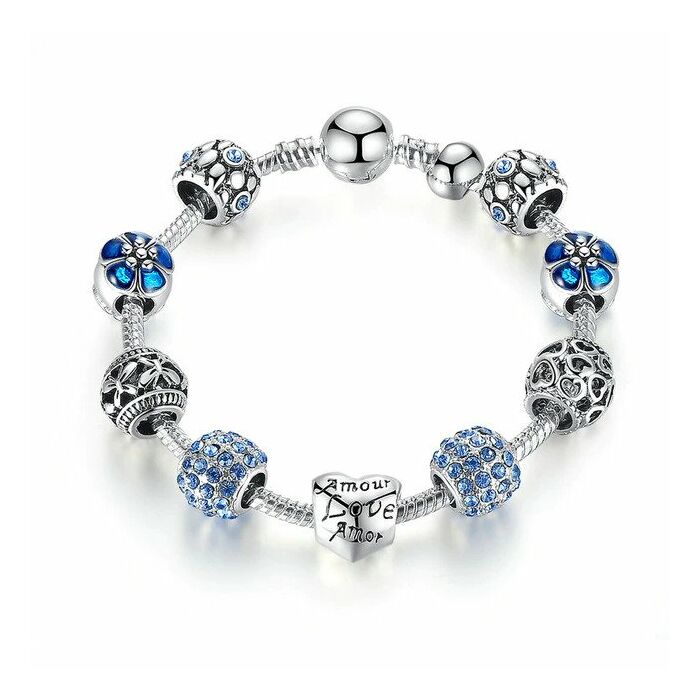 BAMOER ezüstözött Pandora stílusú Charm karkötő, szív és virág motívumokkal, kék, 21 cm