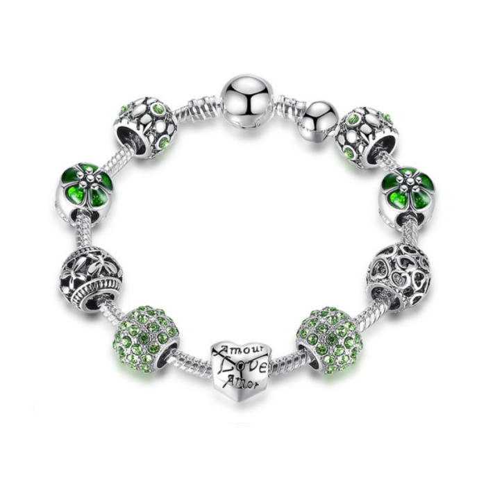 BAMOER ezüstözött Pandora stílusú Charm karkötő, szív és virág motívumokkal, zöld, 18 cm