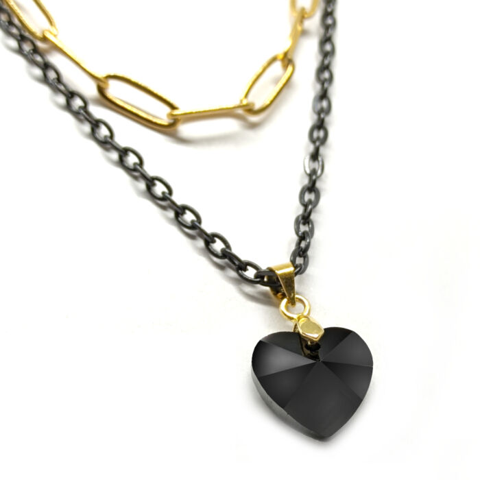 Dupla rozsdamentes acél nyaklánc arany-fekete színben, fekete kristály szív medállal