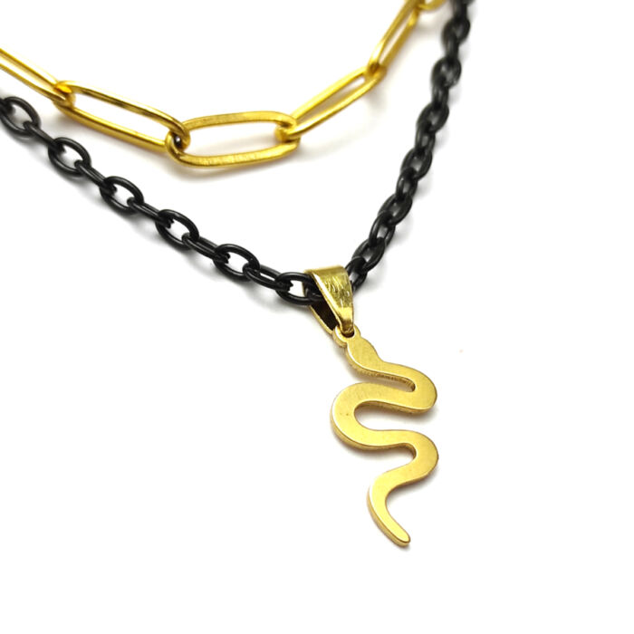 Dupla rozsdamentes acél nyaklánc arany-fekete színben, nemesacél kígyós medállal