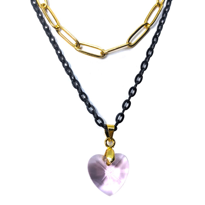 Dupla rozsdamentes acél nyaklánc arany-fekete színben, rózsaszín kristály szív medállal