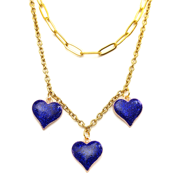 Dupla rozsdamentes acél nyaklánc arany színben, 3 kék csillogó szív medállal