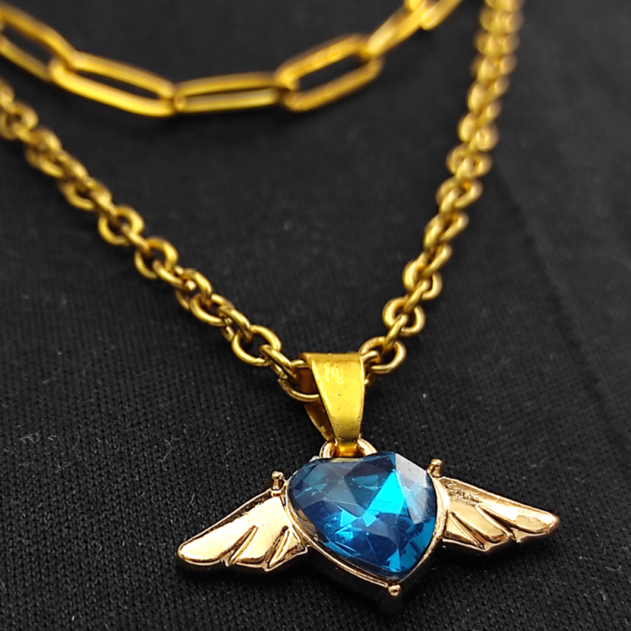 Dupla rozsdamentes acél nyaklánc arany színben, kék kristály szív medállal