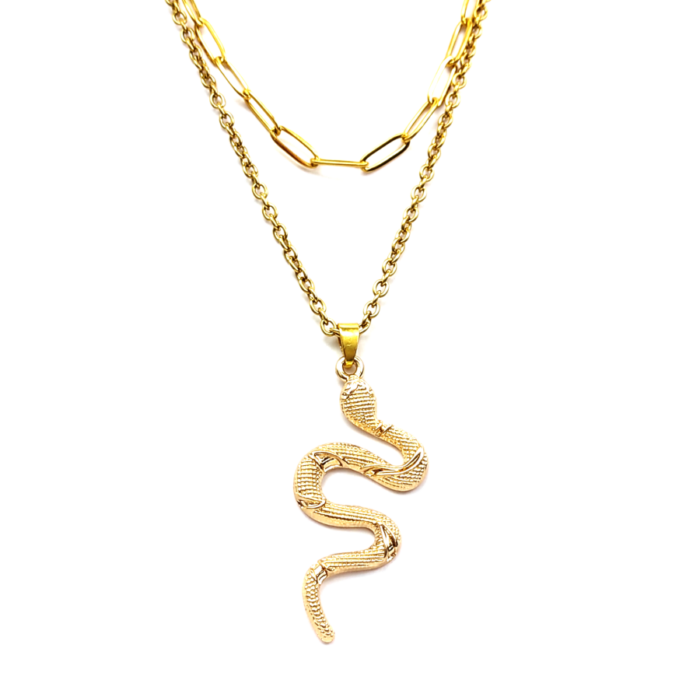 Dupla rozsdamentes acél nyaklánc arany színben, kígyós medállal