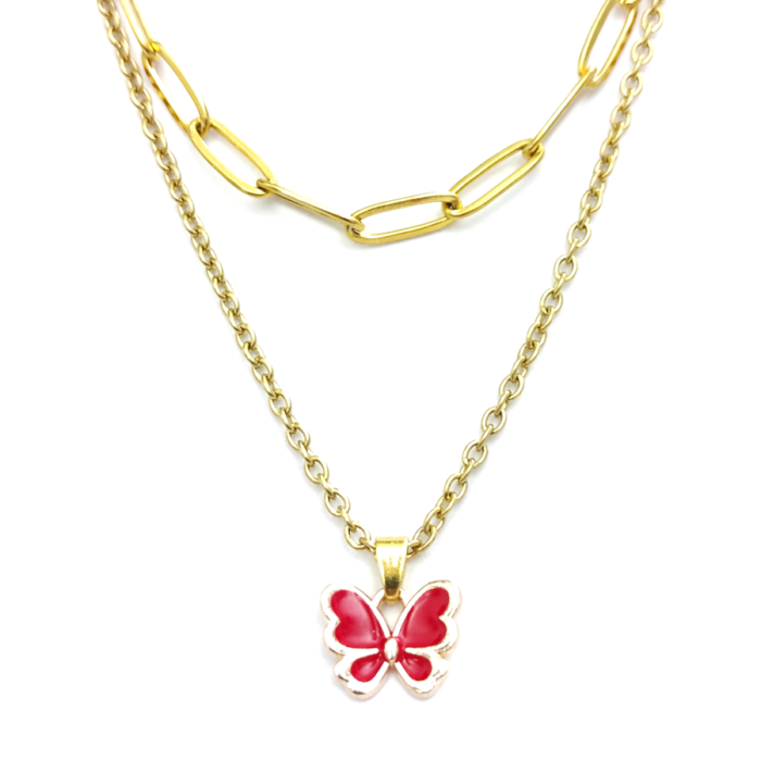 Dupla rozsdamentes acél nyaklánc arany színben, piros pillangó medállal