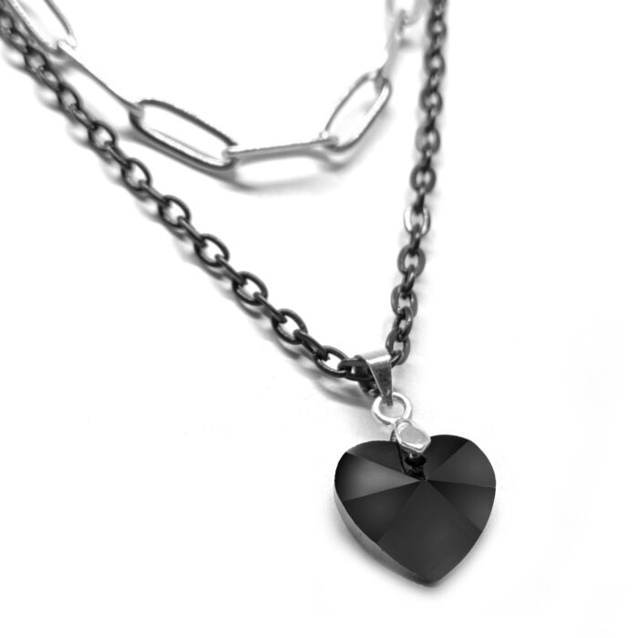 Dupla rozsdamentes acél nyaklánc ezüst-fekete színben, fekete kristály szív medállal