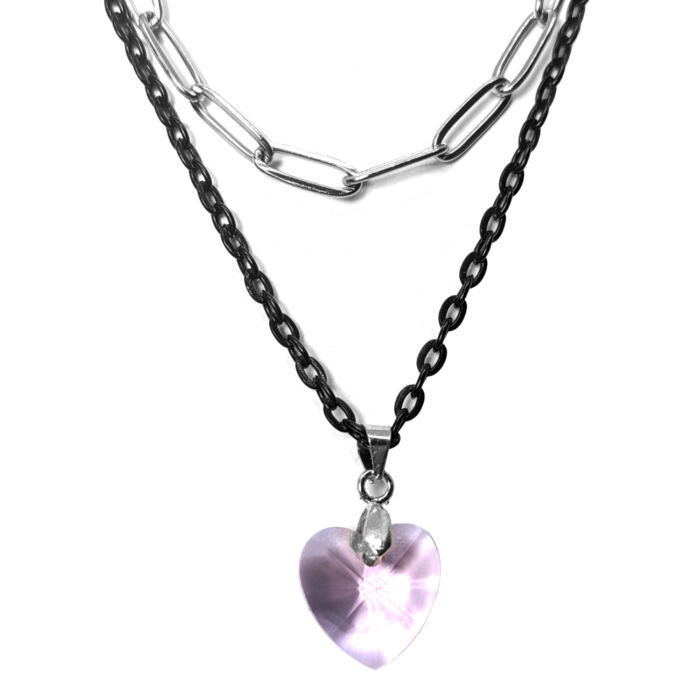 Dupla rozsdamentes acél nyaklánc ezüst-fekete színben, rózsaszín kristály szív medállal