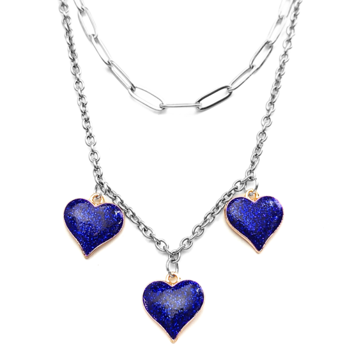 Dupla rozsdamentes acél nyaklánc ezüst színben, 3 kék csillogó szív medállal