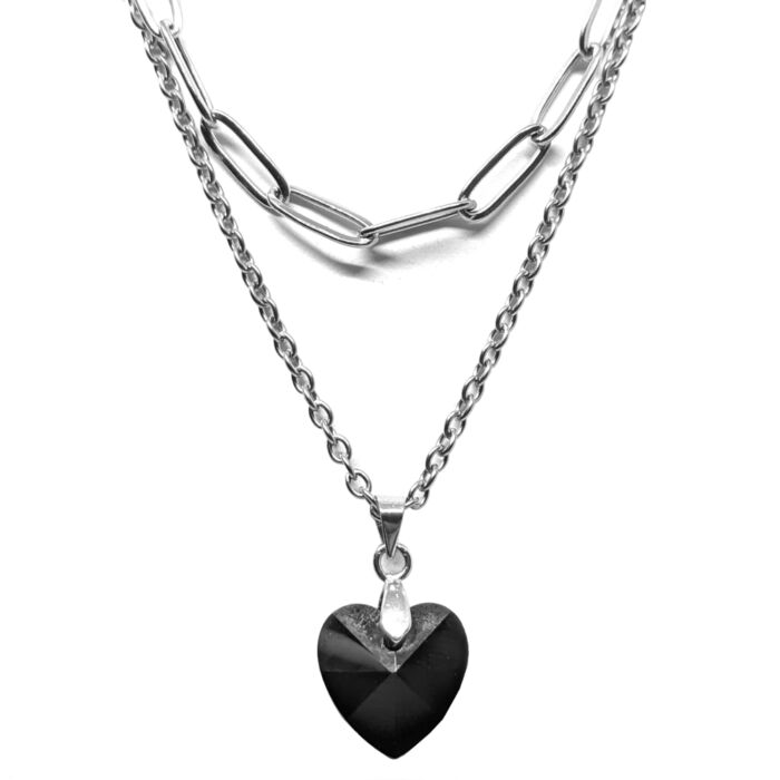 Dupla rozsdamentes acél nyaklánc ezüst színben, fekete kristály szív medállal