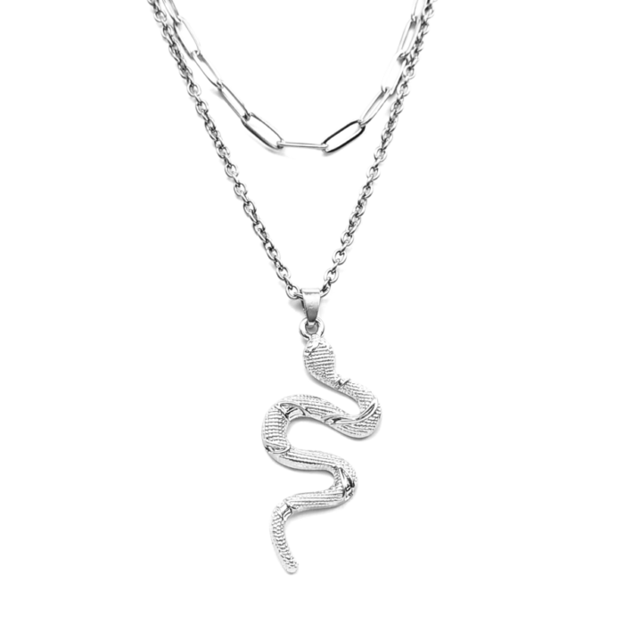Dupla rozsdamentes acél nyaklánc ezüst színben, kígyós medállal