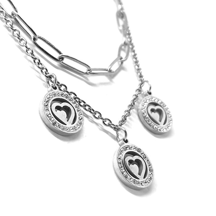 Dupla rozsdamentes acél nyaklánc ezüst színben, kristályos szív charmokkal