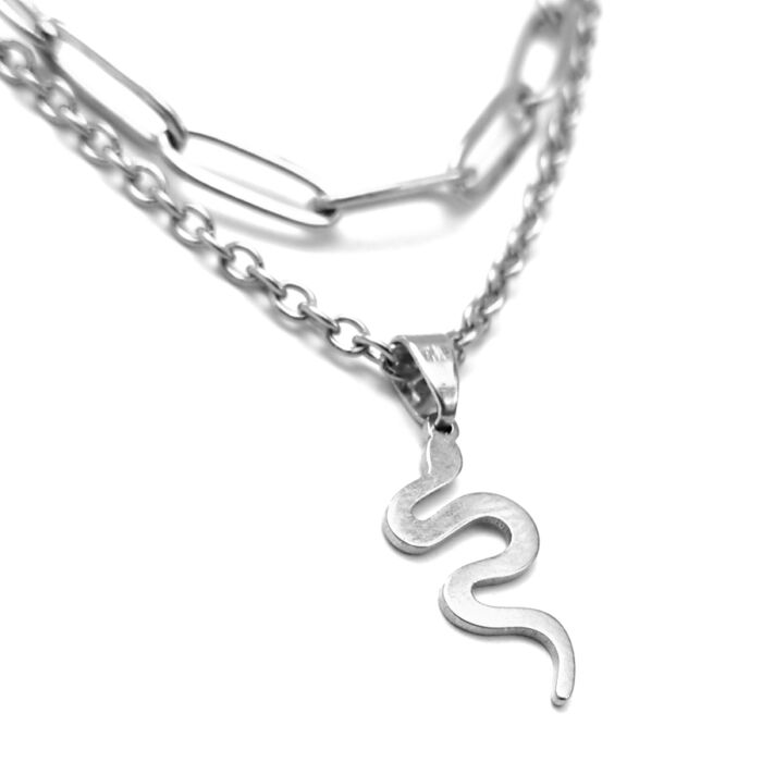 Dupla rozsdamentes acél nyaklánc ezüst színben, nemesacél kígyós medállal
