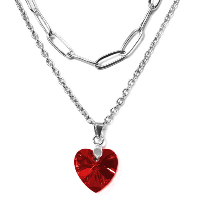 Dupla rozsdamentes acél nyaklánc ezüst színben, piros kristály szív medállal