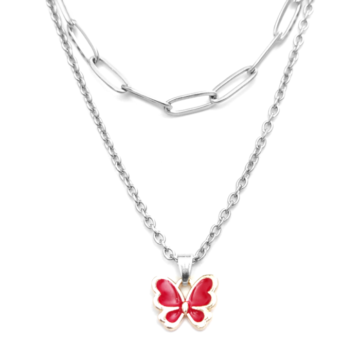 Dupla rozsdamentes acél nyaklánc ezüst színben, piros pillangó medállal