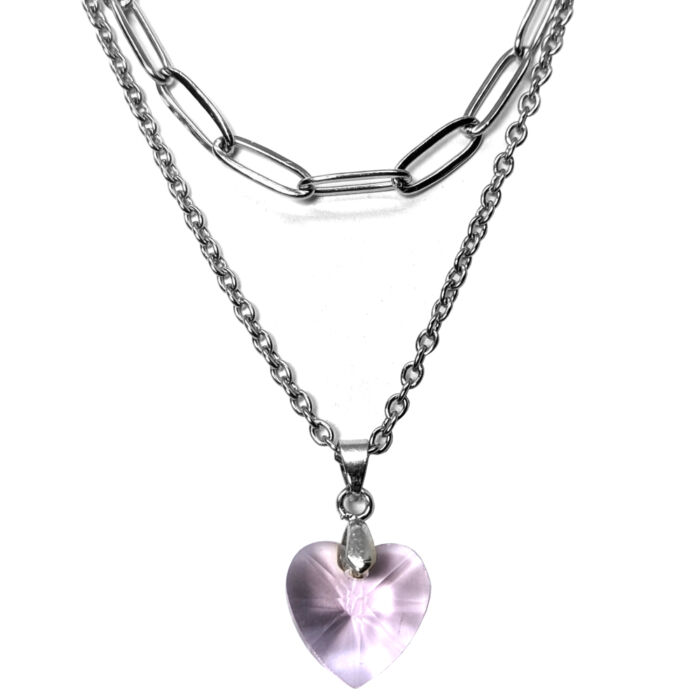 Dupla rozsdamentes acél nyaklánc ezüst színben, rózsaszín kristály szív medállal