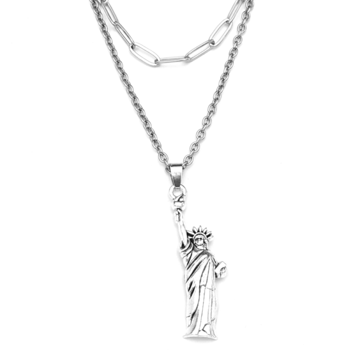 Dupla rozsdamentes acél nyaklánc ezüst színben, Szabadság-szobor medállal