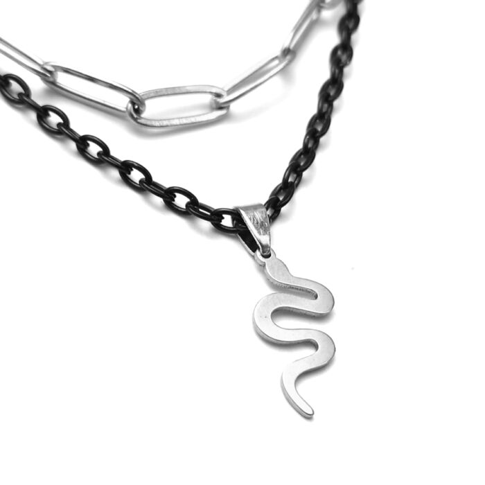 Dupla rozsdamentes acél nyaklánc fekete-ezüst színben, nemesacél kígyós medállal