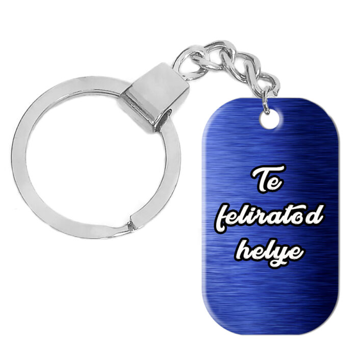 Egyedi feliratos, rozsdamentes fém dögcédula kulcstartó, kék színben