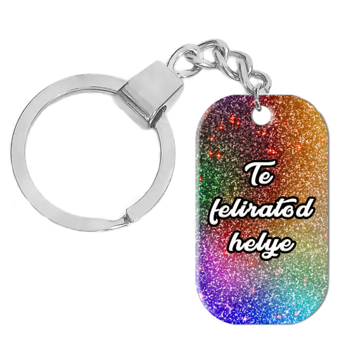 Egyedi feliratos, rozsdamentes fém dögcédula kulcstartó, liláspink glitter színben