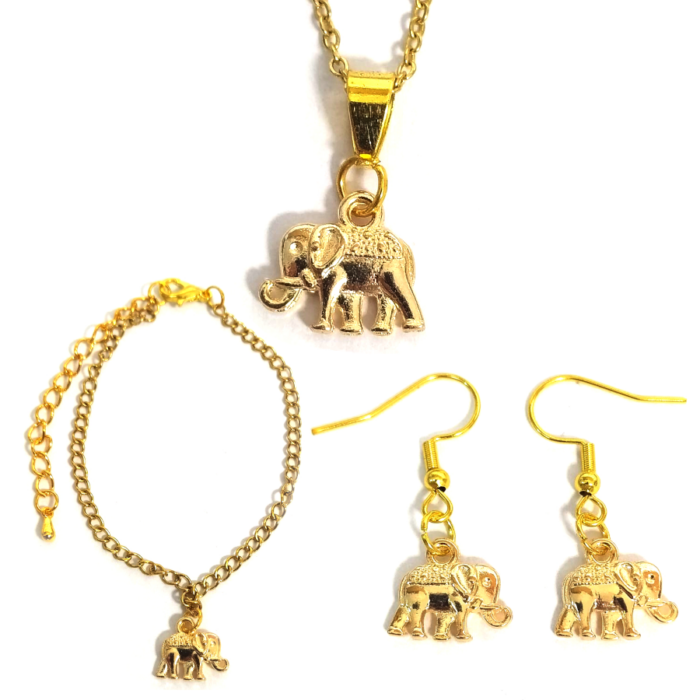 Elefántos nyaklánc, fülbevaló és karkötő szett, arany színű