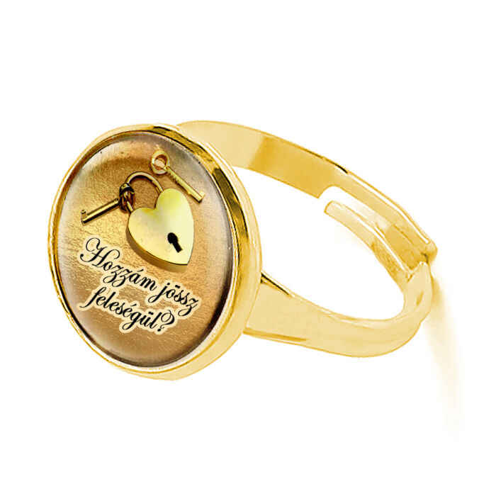 Eljegyzési gyűrű, felirattal, lakat-kulcs mintával, arany színben (állítható méret)