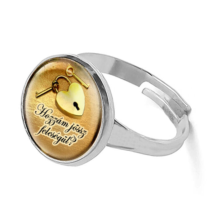 Eljegyzési gyűrű, felirattal, lakat-kulcs mintával, ezüst színben (állítható méret)