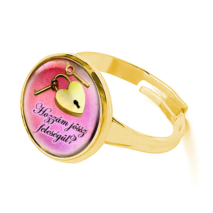 Eljegyzési gyűrű, felirattal, lakat-kulcs mintával, pink színben (állítható méret)