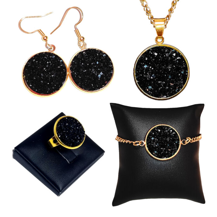 Fekete csillámos (lánc, karkötő, fülbevaló, gyűrű) szett, arany és ezüst színben