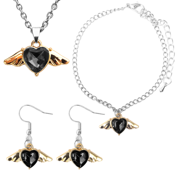 Fekete kristály szív angyalszárnnyal medál nyaklánc, fülbevaló és karkötő szett, ezüst színű