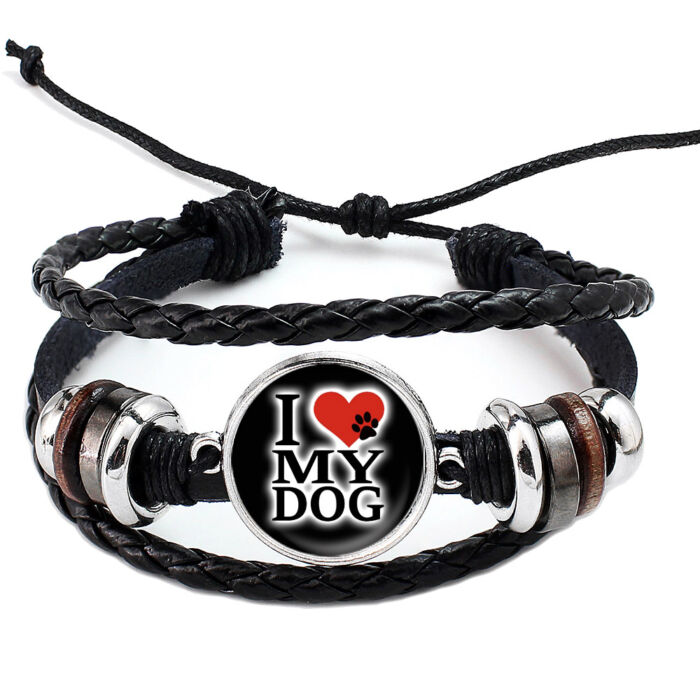 Fonott, dizájnbőr uniszex állítható 'I Love My Dog' feliratú karkötő