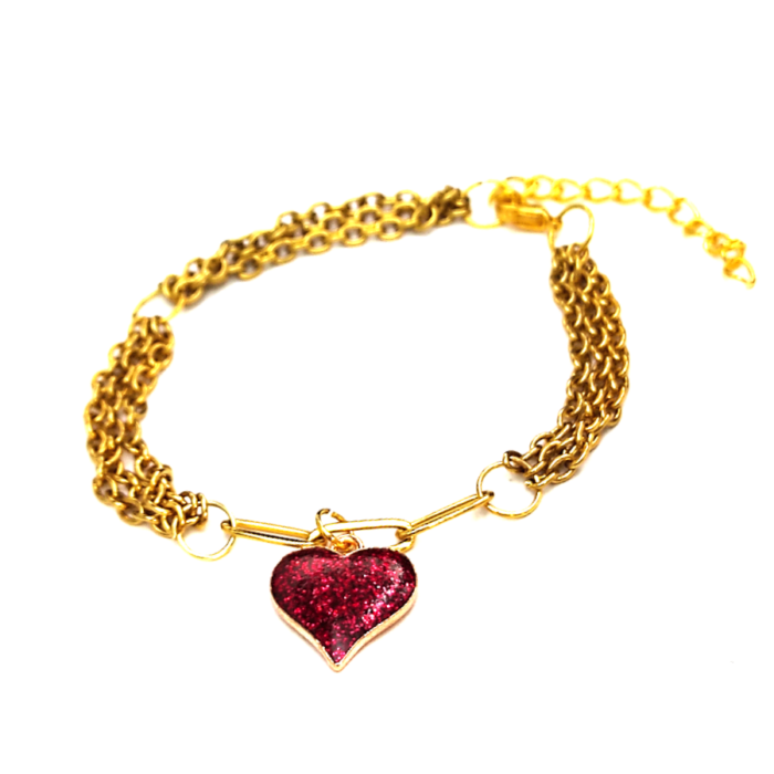 Háromsoros divat karkötő csillogó szív charmmal, arany színű