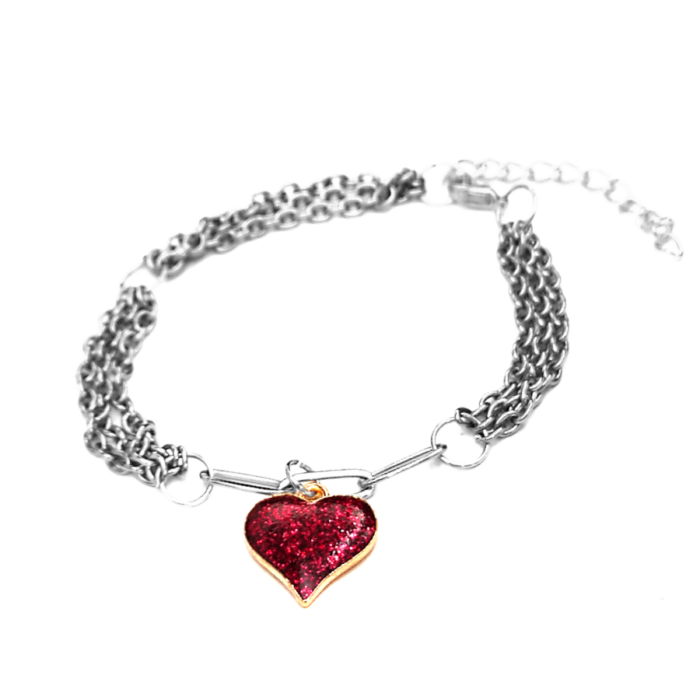 Háromsoros divat karkötő csillogó szív charmmal, ezüst színű