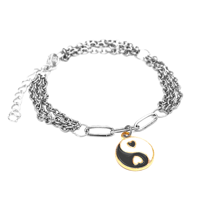 Háromsoros divat karkötő fekete-fehér jin-jang charmmal, ezüst színű