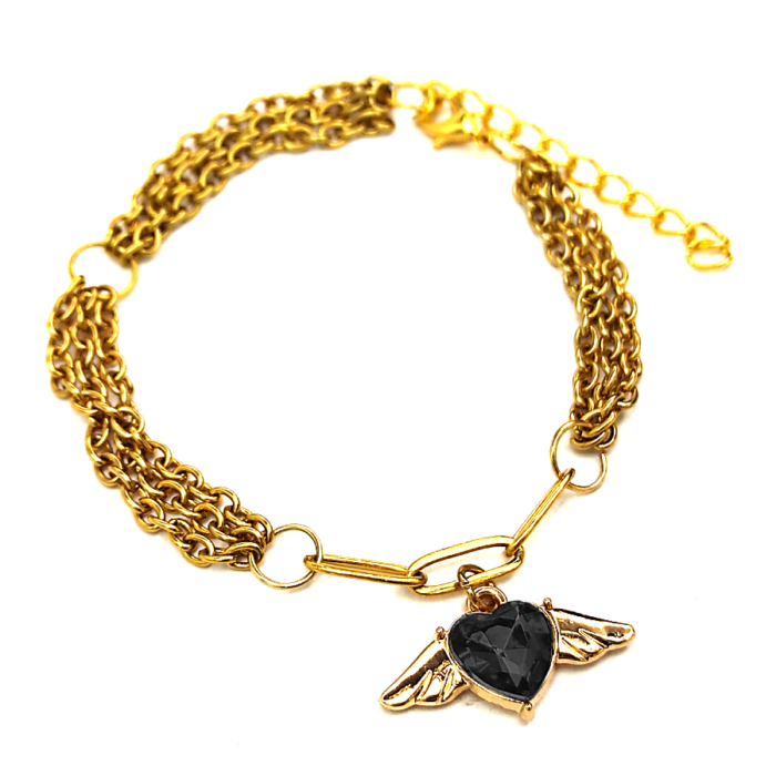 Háromsoros divat karkötő fekete kristály angyalszárnyas charmmal, arany színű