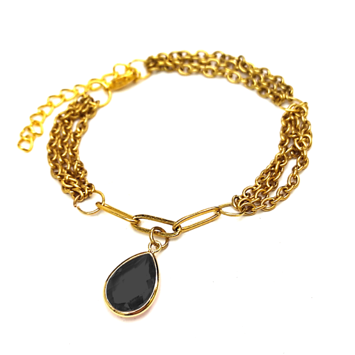 Háromsoros divat karkötő fekete kristály csepp charmmal, arany színű