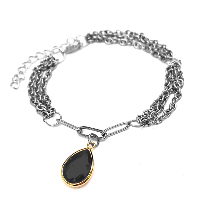 Háromsoros divat karkötő fekete kristály csepp charmmal, ezüst színű
