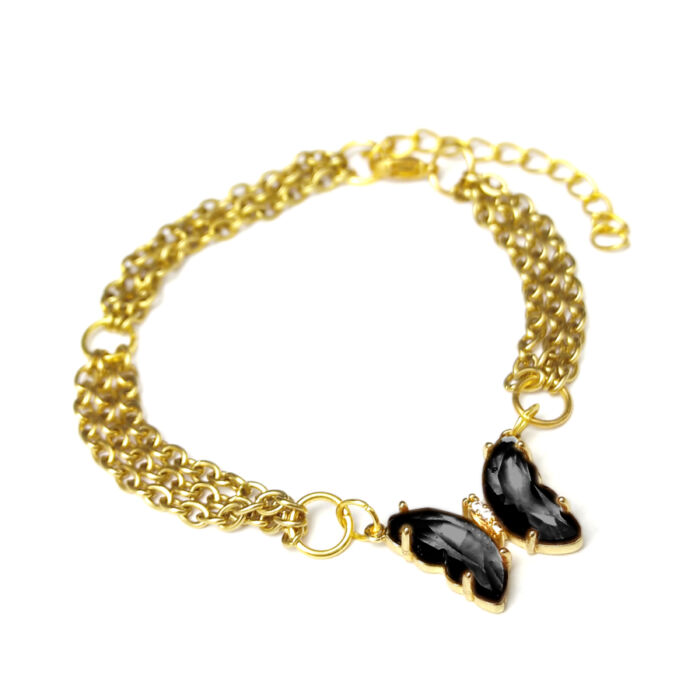 Háromsoros divat karkötő fekete kristálypillangós charmmal, arany színű
